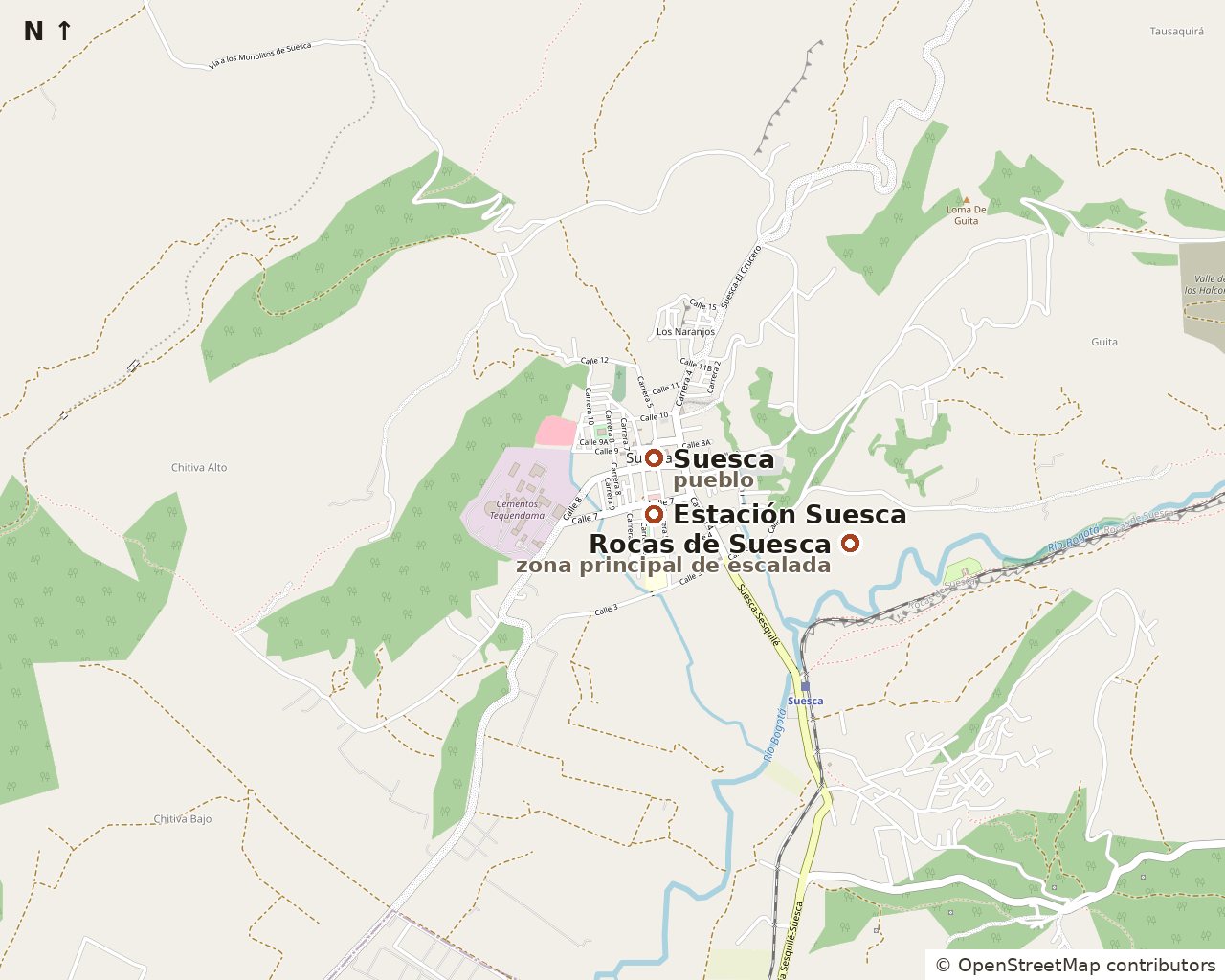 Mapa de Suesca: el pueblo, la estación del tren, el río Bogotá, la vía Sesquilé–Suesca y la zona principal de escalada de las Rocas