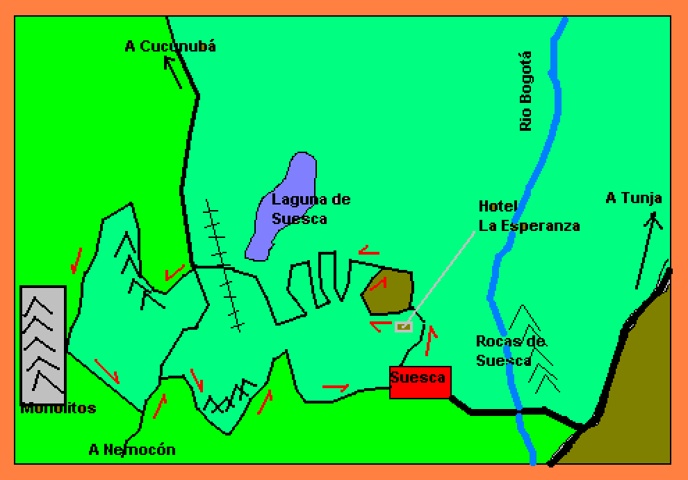Mapa dibujado a mano de Suesca: la Laguna de Suesca, el río Bogotá, el pueblo, las Rocas y los Monolitos